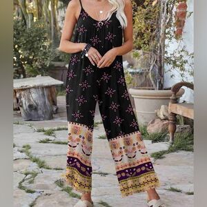 Anrabess LOOSE SPAGHETTI STRAP JUMPSUITS STRETCH WIDE LEG ROMPERS WITH 2 POCKETS